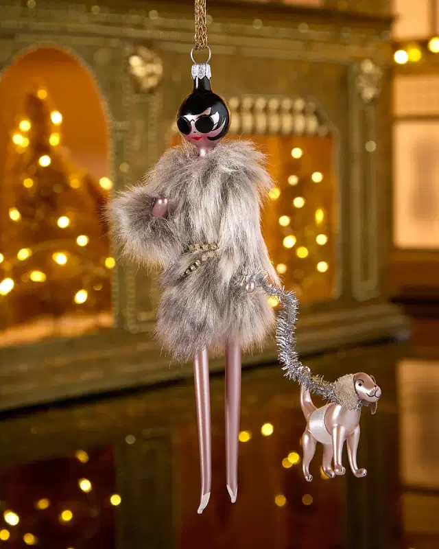 De Carlini Fashionista in Cream Faux Fur Coat Christmas Ornament