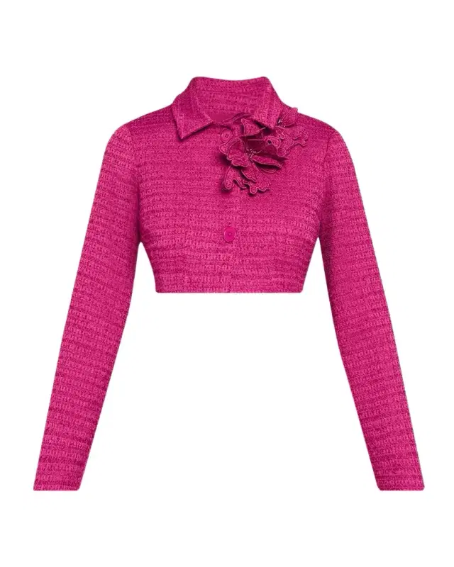 3D Flower Appliqué Bouclé Cropped Jacket