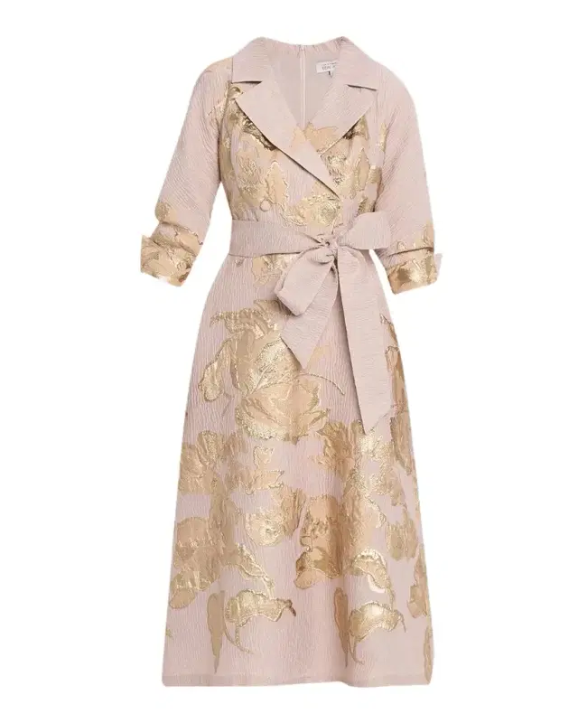 Rickie Freeman for Teri Jon Crinkled Metallic Jacquard Midi Shirtdress