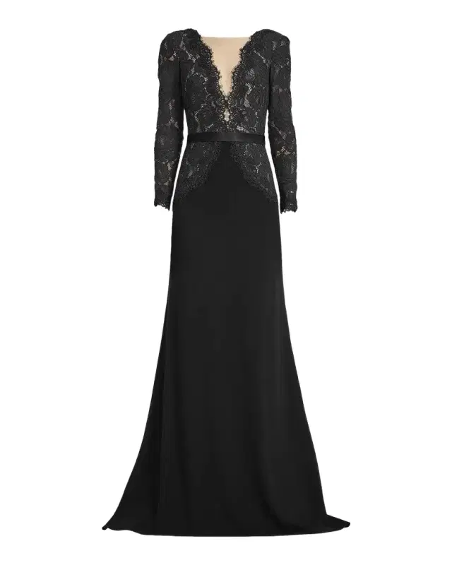Tadashi Shoji Plunging Illusion Lace & Crepe Gown