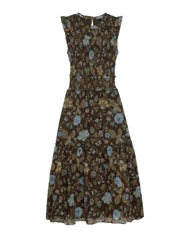 RAILS Vivier Shirred Ruffle-Trim Midi Dress