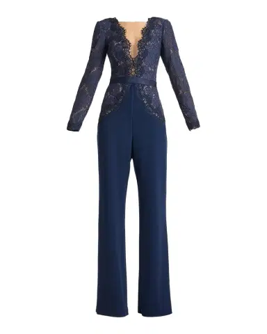Tadashi Shoji Amaris Plunging Illusion Lace & Crepe Jumpsuit | Thumbnail 1 Tadashi Shoji Amaris Plunging Illusion Lace & Crepe Jumpsuit | Thumbnail 1