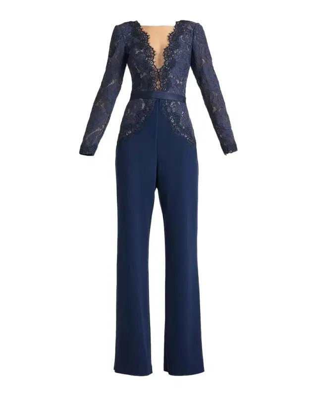 Tadashi Shoji Amaris Plunging Illusion Lace & Crepe Jumpsuit