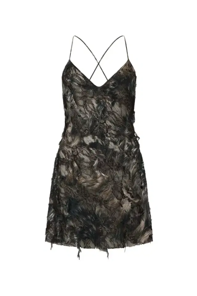 Roberto Cavalli Mini Dress with Fur Print on Destroyed-Effect Lace