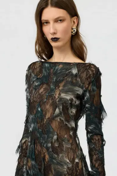 Roberto Cavalli Dress with Fur Print on Destroyed-Effect Lace | Thumbnail 4