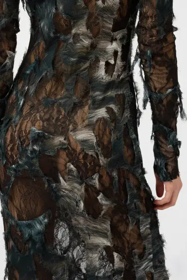Roberto Cavalli Dress with Fur Print on Destroyed-Effect Lace | Thumbnail 5