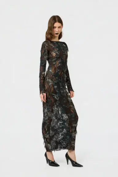 Roberto Cavalli Dress with Fur Print on Destroyed-Effect Lace | Thumbnail 6