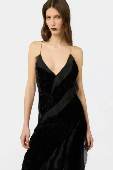Roberto Cavalli Velvet Slip Dress with Silk Chiffon Ruffles | Thumbnail 4