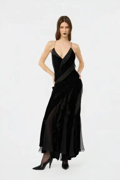 Roberto Cavalli Velvet Slip Dress with Silk Chiffon Ruffles | Thumbnail 6