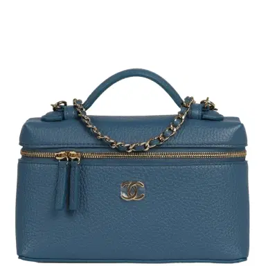 Chanel Chanel "Supple" Top Handle Long Vanity Case with Chain Dark Blue Grained Calfskin Gold Hardware | Thumbnail 1 Chanel Chanel "Supple" Top Handle Long Vanity Case with Chain Dark Blue Grained Calfskin Gold Hardware | Thumbnail 1
