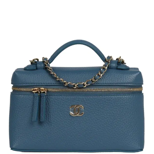 Chanel Chanel "Supple" Top Handle Long Vanity Case with Chain Dark Blue Grained Calfskin Gold Hardware