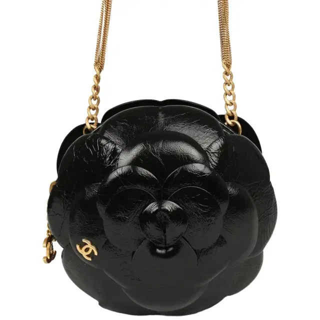 Chanel Chanel Camellia Round Clutch with Chain Black Patent Aged Calfskin Brushed Gold Hardware