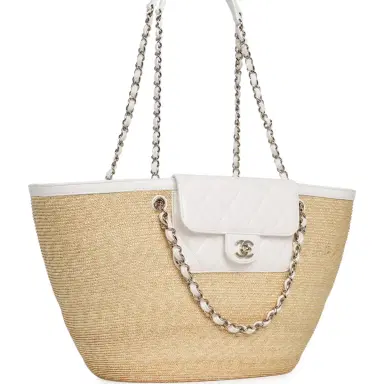Chanel Chanel Large Shopping Tote Bag Light Beige Raffia, White Lambskin Light Gold Hardware | Thumbnail 2 Chanel Chanel Large Shopping Tote Bag Light Beige Raffia, White Lambskin Light Gold Hardware | Thumbnail 2