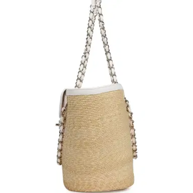 Chanel Chanel Large Shopping Tote Bag Light Beige Raffia, White Lambskin Light Gold Hardware | Thumbnail 3 Chanel Chanel Large Shopping Tote Bag Light Beige Raffia, White Lambskin Light Gold Hardware | Thumbnail 3