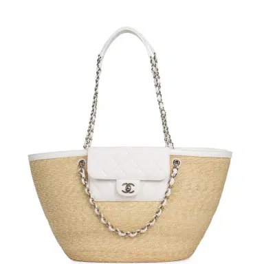 Chanel Chanel Large Shopping Tote Bag Light Beige Raffia, White Lambskin Light Gold Hardware | Thumbnail 6 Chanel Chanel Large Shopping Tote Bag Light Beige Raffia, White Lambskin Light Gold Hardware | Thumbnail 6