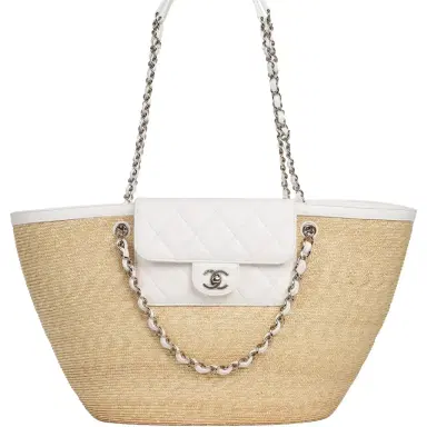 Chanel Chanel Large Shopping Tote Bag Light Beige Raffia, White Lambskin Light Gold Hardware | Thumbnail 1 Chanel Chanel Large Shopping Tote Bag Light Beige Raffia, White Lambskin Light Gold Hardware | Thumbnail 1