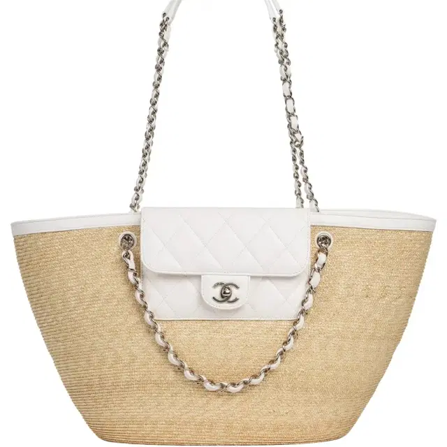 Chanel Chanel Large Shopping Tote Bag Light Beige Raffia, White Lambskin Light Gold Hardware