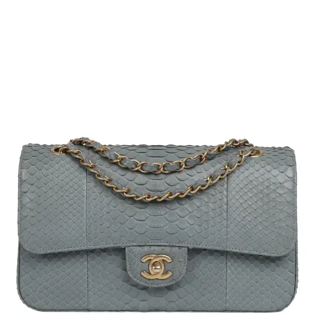 Chanel Pre-owned Chanel Medium Classic Double Flap Bag Grey Python Antique Gold Hardware