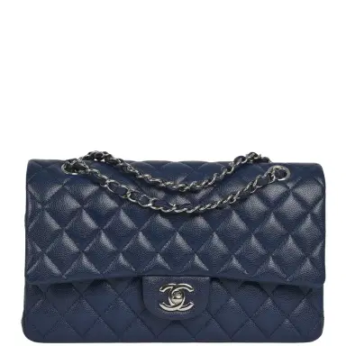 Chanel Pre-owned Chanel Medium Classic Double Flap Bag Navy Blue Caviar Silver Hardware | Thumbnail 1 Chanel Pre-owned Chanel Medium Classic Double Flap Bag Navy Blue Caviar Silver Hardware | Thumbnail 1