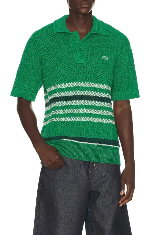 Lacoste Runway Lacy Striped Polo Collar Sweater