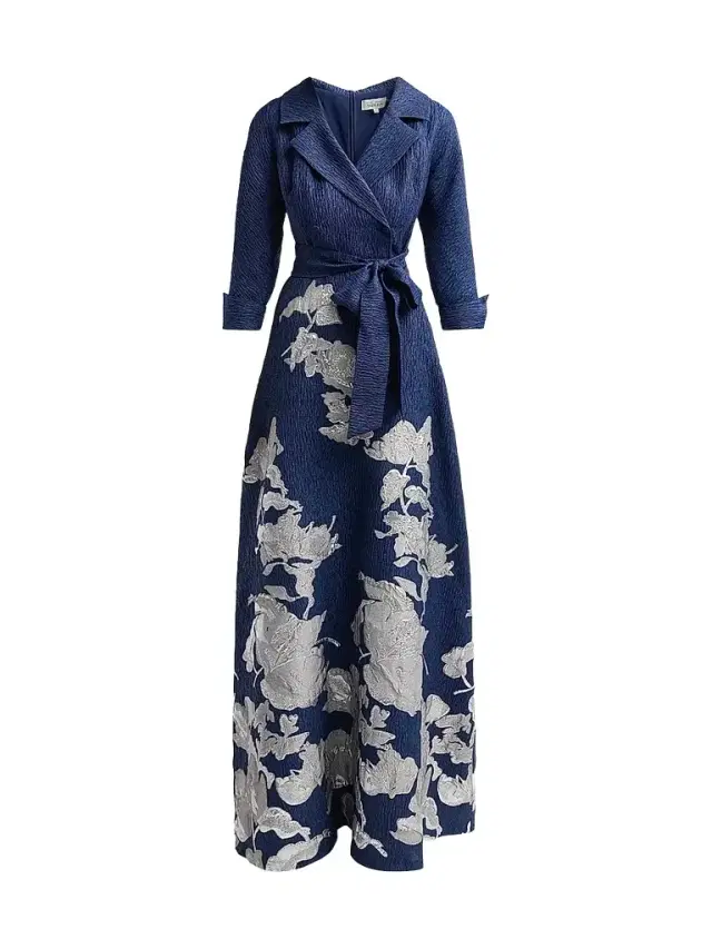 Teri Jon by Rickie Freeman Women's Textured Metallic Floral Jacquard Gown