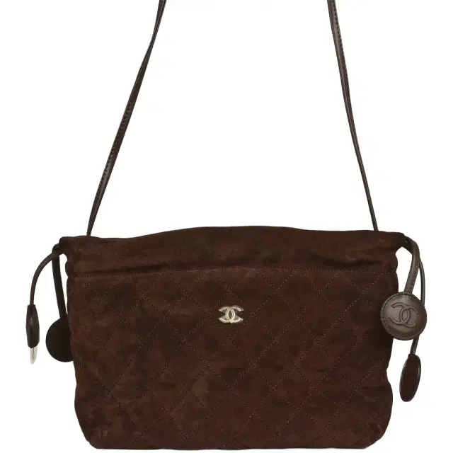 Chanel Chanel CC Drawstring Clutch Bag with Leather Strap Dark Brown Suede Gold Hardware