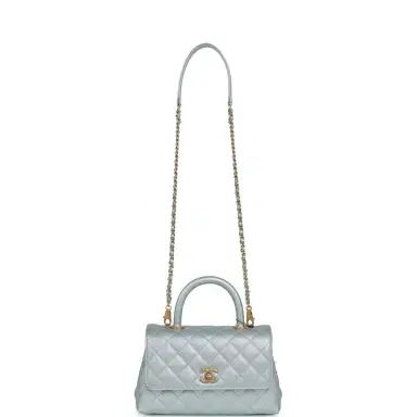 Chanel Chanel Small Coco Handle Flap Bag Light Blue Iridescent Caviar Antique Gold Hardware | Thumbnail 7 Chanel Chanel Small Coco Handle Flap Bag Light Blue Iridescent Caviar Antique Gold Hardware | Thumbnail 7