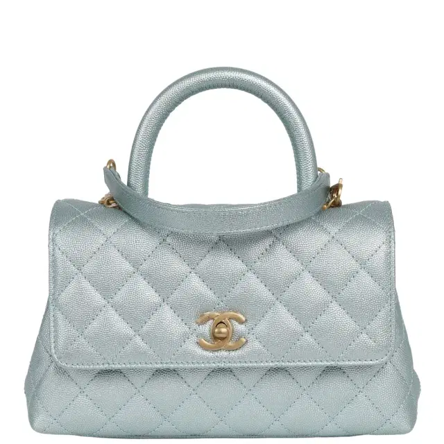 Chanel Chanel Small Coco Handle Flap Bag Light Blue Iridescent Caviar Antique Gold Hardware