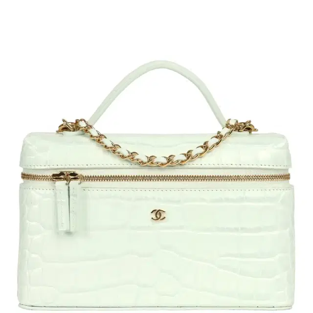 Chanel Chanel Top Handle Long Vanity Case with Chain Light Blue Croc Embossed Calfskin Gold Hardware