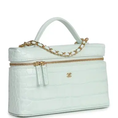 Chanel Chanel Top Handle Long Vanity Case with Chain Light Blue Croc Embossed Calfskin Gold Hardware | Thumbnail 2 Chanel Chanel Top Handle Long Vanity Case with Chain Light Blue Croc Embossed Calfskin Gold Hardware | Thumbnail 2