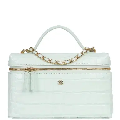 Chanel Chanel Top Handle Long Vanity Case with Chain Light Blue Croc Embossed Calfskin Gold Hardware | Thumbnail 1 Chanel Chanel Top Handle Long Vanity Case with Chain Light Blue Croc Embossed Calfskin Gold Hardware | Thumbnail 1