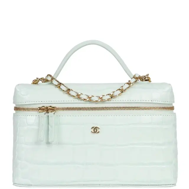 Chanel Chanel Top Handle Long Vanity Case with Chain Light Blue Croc Embossed Calfskin Gold Hardware