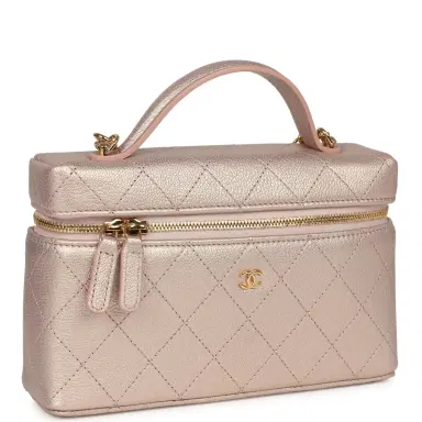 Chanel Chanel Top Handle Long Vanity Case with Chain Pink Iridescent Grained Goatskin Gold Hardware | Thumbnail 2 Chanel Chanel Top Handle Long Vanity Case with Chain Pink Iridescent Grained Goatskin Gold Hardware | Thumbnail 2