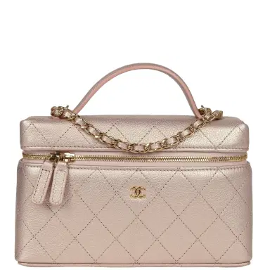 Chanel Chanel Top Handle Long Vanity Case with Chain Pink Iridescent Grained Goatskin Gold Hardware | Thumbnail 1 Chanel Chanel Top Handle Long Vanity Case with Chain Pink Iridescent Grained Goatskin Gold Hardware | Thumbnail 1