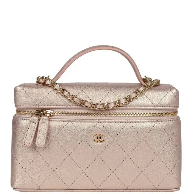 Chanel Chanel Top Handle Long Vanity Case with Chain Pink Iridescent Grained Goatskin Gold Hardware