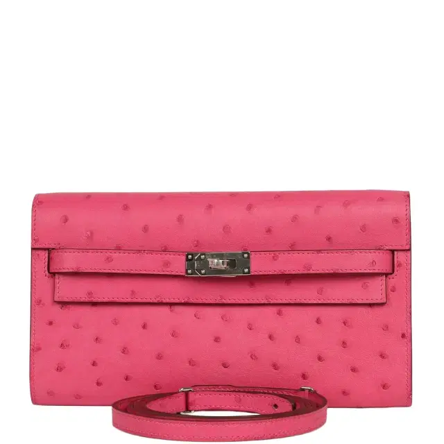 HERMÈS Hermes Kelly Wallet To Go Rose Tyrien Ostrich Palladium Hardware