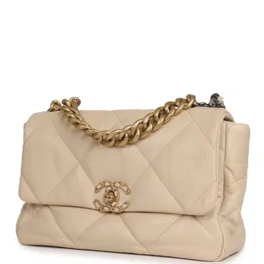 Chanel Pre-owned Chanel Large 19 Flap Bag Beige Shiny Lambskin Mixed Metal Hardware | Thumbnail 5