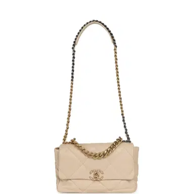 Chanel Pre-owned Chanel Large 19 Flap Bag Beige Shiny Lambskin Mixed Metal Hardware | Thumbnail 6