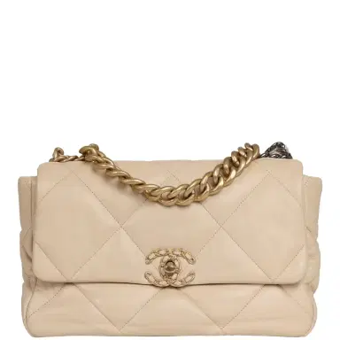 Chanel Pre-owned Chanel Large 19 Flap Bag Beige Shiny Lambskin Mixed Metal Hardware | Thumbnail 1