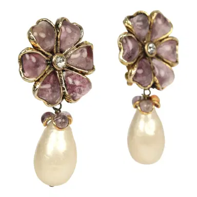 Chanel Vintage Chanel Gripoix Flower and Pearl Drop Earrings Purple Gold Plated Hardware | Thumbnail 2 Chanel Vintage Chanel Gripoix Flower and Pearl Drop Earrings Purple Gold Plated Hardware | Thumbnail 2