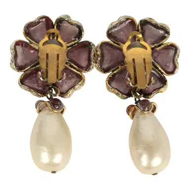 Chanel Vintage Chanel Gripoix Flower and Pearl Drop Earrings Purple Gold Plated Hardware | Thumbnail 3 Chanel Vintage Chanel Gripoix Flower and Pearl Drop Earrings Purple Gold Plated Hardware | Thumbnail 3