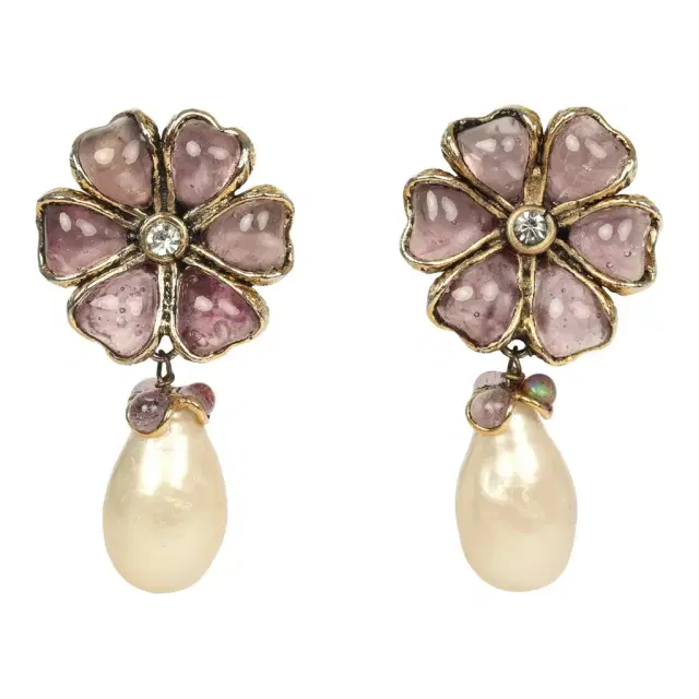 Chanel Vintage Chanel Gripoix Flower and Pearl Drop Earrings Purple Gold Plated Hardware