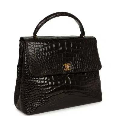 Chanel Vintage Chanel Large Kelly Dark Brown Shiny Alligator Gold Hardware | Thumbnail 2