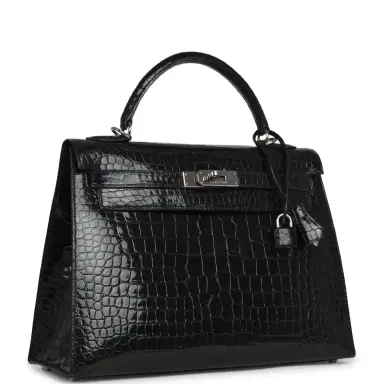 HERMÈS Vintage Hermes Kelly Sellier 32 Black Shiny Porosus Crocodile Palladium Hardware | Thumbnail 2 HERMÈS Vintage Hermes Kelly Sellier 32 Black Shiny Porosus Crocodile Palladium Hardware | Thumbnail 2