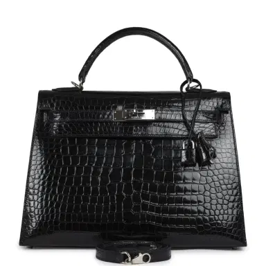 HERMÈS Vintage Hermes Kelly Sellier 32 Black Shiny Porosus Crocodile Palladium Hardware | Thumbnail 1 HERMÈS Vintage Hermes Kelly Sellier 32 Black Shiny Porosus Crocodile Palladium Hardware | Thumbnail 1