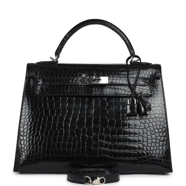HERMÈS Vintage Hermes Kelly Sellier 32 Black Shiny Porosus Crocodile Palladium Hardware