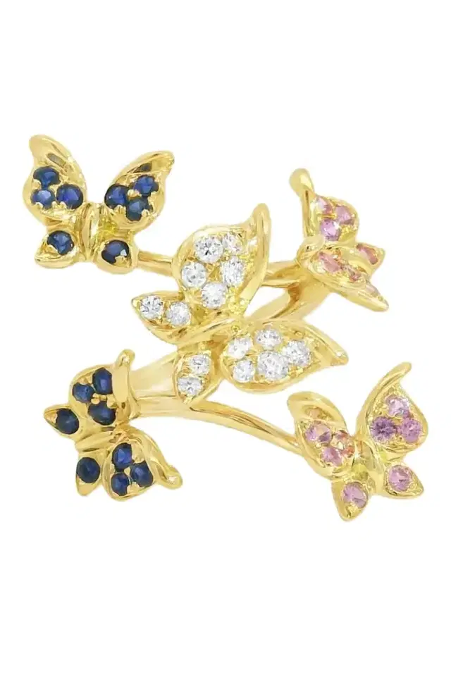 LISA NIK Blue Pink Sapphire Diamond Butterfly Ring