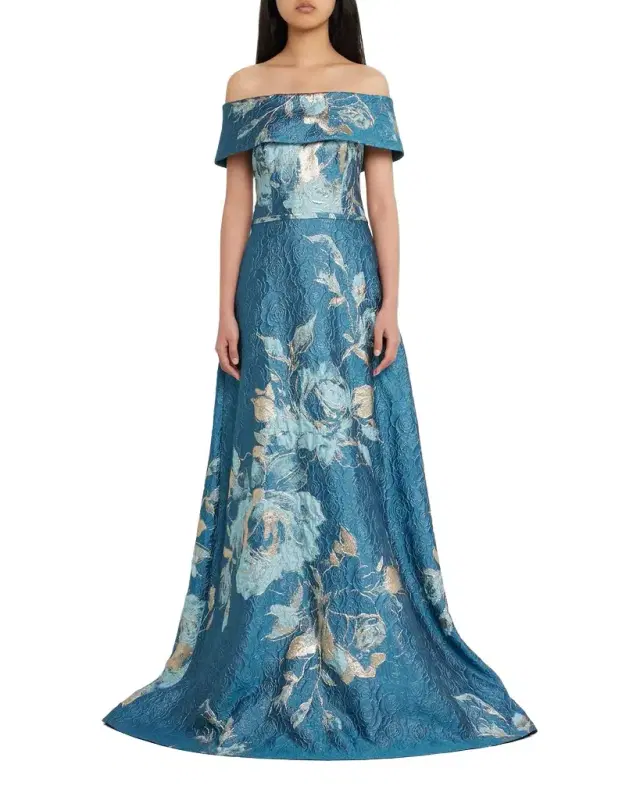 Rickie Freeman for Teri Jon Off-Shoulder Metallic Flower Jacquard Gown
