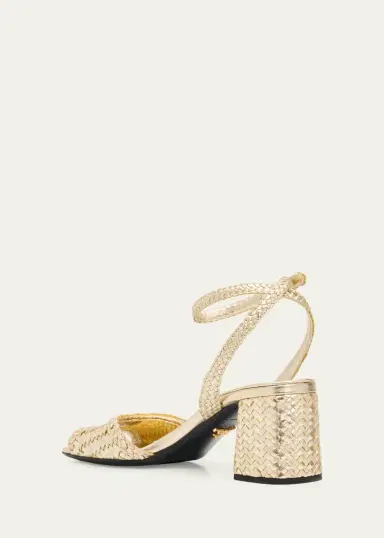 Prada 65mm Madras Woven Metallic Leather Ankle-Strap Sandals | Thumbnail 4