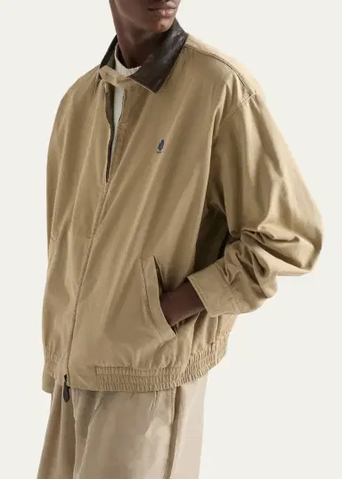 Prada Men's Old Gabardine Leather-Collar Full-Zip Jacket | Thumbnail 4 Prada Men's Old Gabardine Leather-Collar Full-Zip Jacket | Thumbnail 4